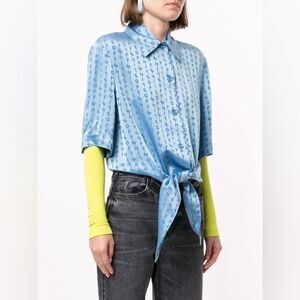 NWT OFF-WHITE Logo Baseball Knot Satin Short Sleeve Shirt Light Blue size 36/0